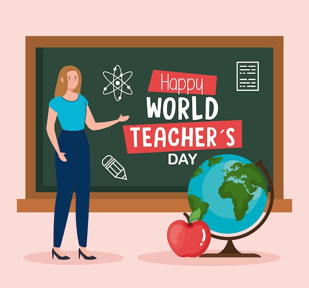 Plik wektorowy nauczycielka z zieloną deską i projektem światowej kuli, szczęśliwy dzień nauczyciela i motyw edukacji