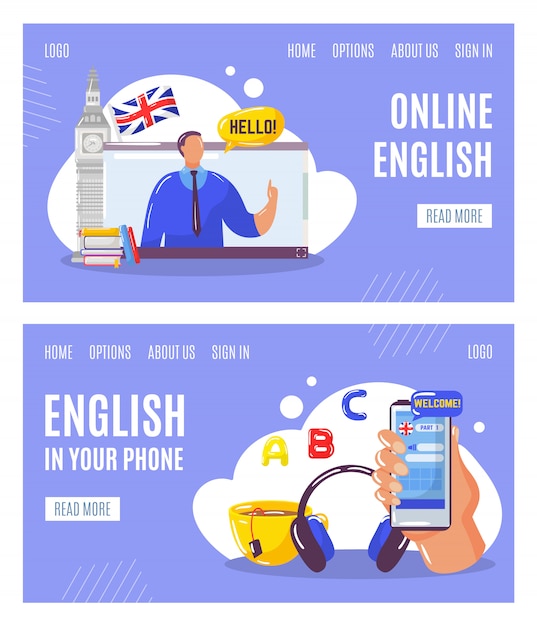 Nauka języka angielskiego online z nauczycielem, edukacja w telefonach internetowych banery zestaw ilustracji.