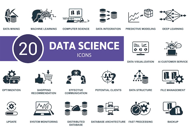 Nauka o danych zestaw kreatywnych ikon data minig machine learning