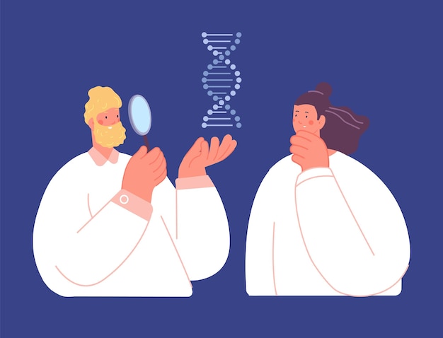 Naukowcy Badają Spiralę Dna Genetyka I Chemia Nauka O Biologii Molekularnej Człowieka Badanie Lekarskie Dwóch Przemyślanych Postaci Wektorowych