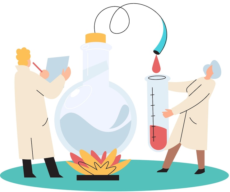 Wektor naukowcy prowadzący badania naukowe zespół asystentów laboratoryjnych w mundurach trzymających probówki pracujący w laboratorium medycznym naukowcy wykonujący eksperymenty chemiczne z płynami testowymi i sprzętem