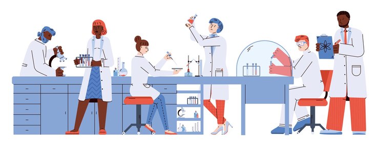 Wektor naukowcy przeprowadzają eksperymenty w laboratorium płaskiej ilustracji wektorowych na białym tle