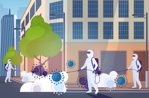 Naukowcy W Kombinezonach Hazmat Czyszczących Dezynfekujących Komórki Koronawirusa Epidemia Wirus Mers-cov Wuhan 2019-ncov Pandemia Ryzyko Zdrowotne Nowoczesne Miasto Ulica Gród