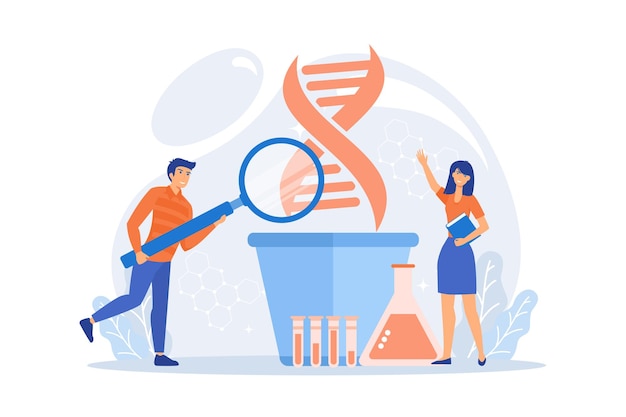 Plik wektorowy naukowcy z lupą patrzą na ogromne dna w doniczce. rośliny modyfikowane genetycznie,
