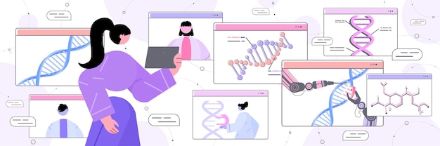 naukowiec analizujący strukturę DNA w oknie przeglądarki internetowej badacz przeprowadzający eksperyment w internetowym laboratorium testowanie DNA koncepcja inżynierii genetycznej