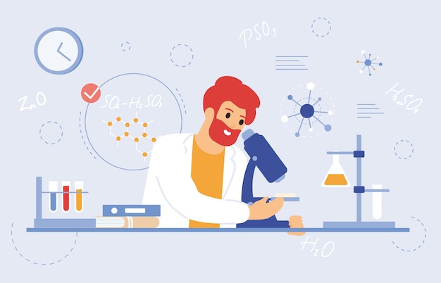 Naukowiec pracuje z mikroskopem. Pracownik laboratorium medycznego, naukowiec z ilustracji wektorowych sprzętu laboratoryjnego. Laboratoryjny naukowiec farmaceutyczny. Badanie laboratorium lekarza postaci