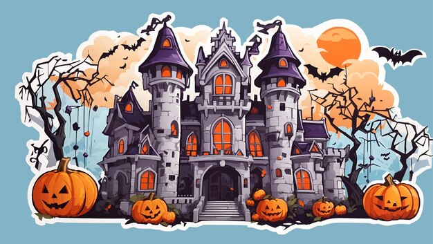 Plik wektorowy nawiedzony zamek z dynią tętniąca życiem naklejka halloween w stylu ilustracji