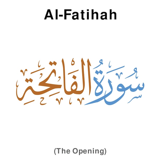 Nazwa sura w rozdziale Świętego Koranu Al-Fatihah (Otwarcie). Wektor desig kaligrafii arabskiej