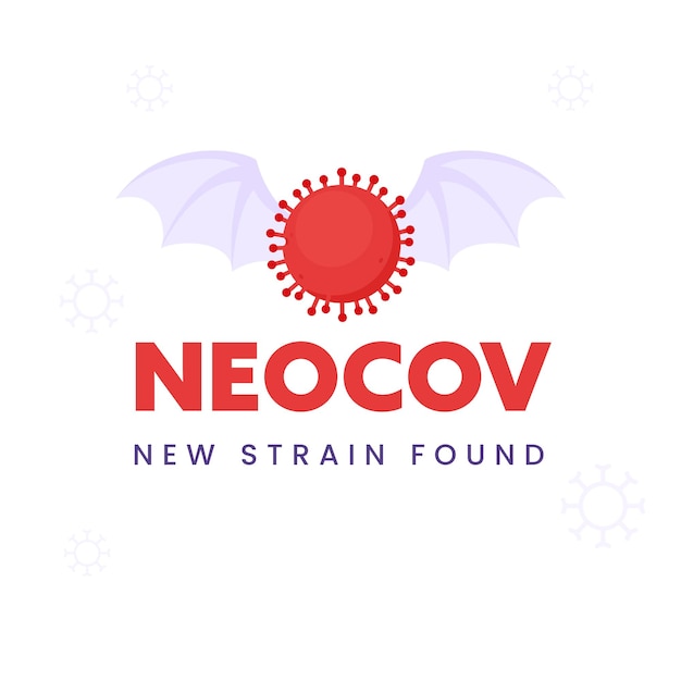 NeoCoV Covid-19 Nowy projekt plakatu szczepu z czerwonym wirusem i skrzydłami nietoperzy na białym tle.
