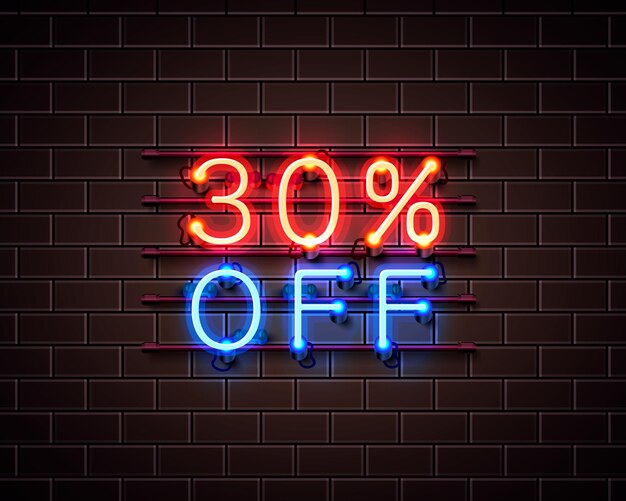 Neon 30 Off Baner Tekstowy. Znak Nocy. Ilustracja Wektorowa