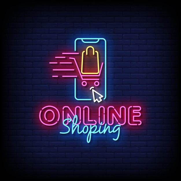 Neon Sign Zakupy Online Z Wektorem Tła ściany Z Cegły