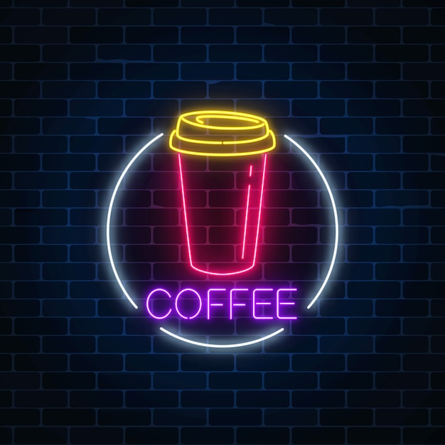 Plik wektorowy neon świecące znak filiżanki kawy w ramce koło na ciemnym murem