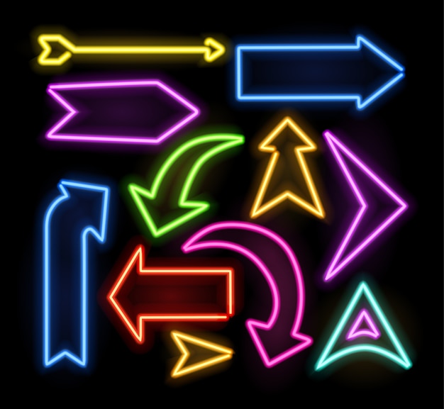 Neon świecący wskaźnik strzałki ustawiony na ciemnym tle. Kolorowa i lśniąca kolekcja retro znak świetlny.