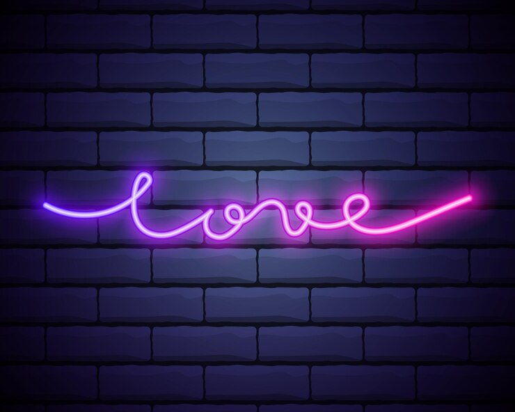 Wektor neon znak słowo miłość z na tle ciemnej cegły ściany element projektu szczęśliwy walentynki gotowy projekt kartkę z życzeniami transparent wektor ilustracja