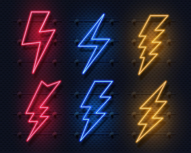 Neonowa błyskawica. Świecący znak elektryczny flash, ikony zasilania elektrycznego pioruna.