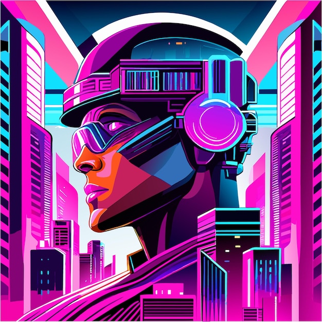 Plik wektorowy neonowa wizja robota cyberpunk pop art tatuaż