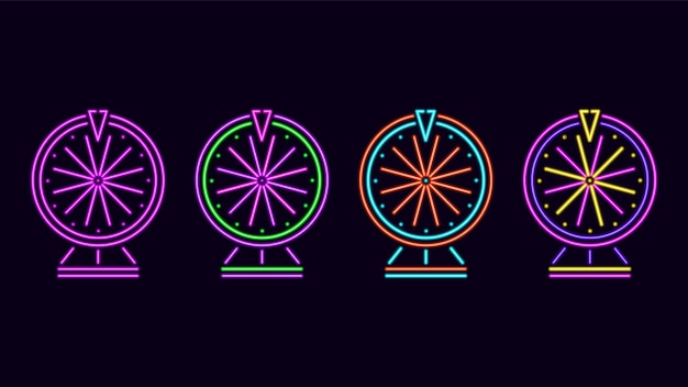 Plik wektorowy neonowe koła fortuny świecące fioletowe koło ruletki do losowej wygranej w hazardzie i wektorowego szczęśliwego jackpota