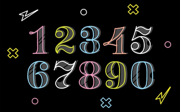 Plik wektorowy neonowe liczby i liczby napis na czarnym tle czcionka do matematyki, algebry i rachunku
