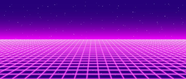 Neonowe ramy drutowe horyzont tło Jasno różowa siatka podłoga pomieszczenia w perspektywie Światło magenta retro
