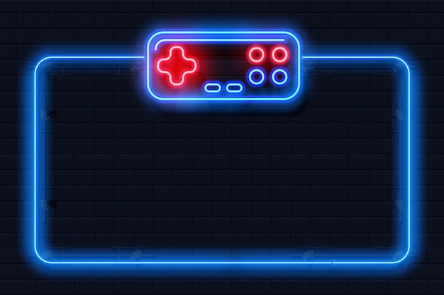 Plik wektorowy neonowe tło gry realistyczna rama gry wideo kwadratowy kształt z przyciskami sterowania joystickiem kontroler konturu i kopia przestrzeń szablon turnieju graczy komputerowych ilustracja konsoli do gier wektorowych