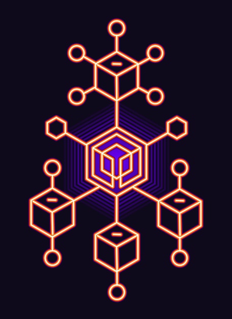 Neonowo-pomarańczowa struktura łańcucha bloków z połączonymi ze sobą kostkami reprezentującymi decentralizację