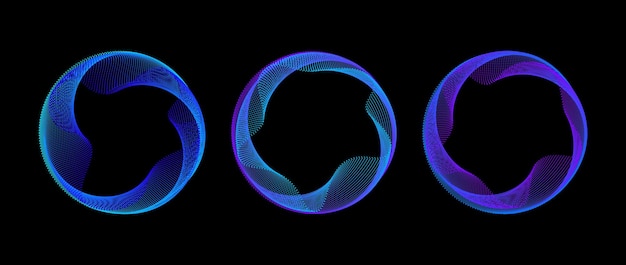 Neonowy zestaw kropkowych kręgów Niebiesko-fioletowy świecący okrągły zbiór ramek technicznych zakrzywione fale kropkowe kręgi