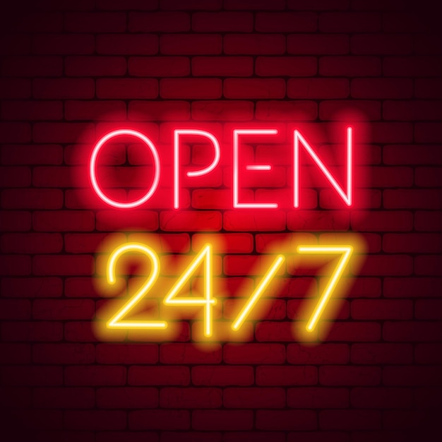 Neonowy znak 24/7 na ścianie z cegły