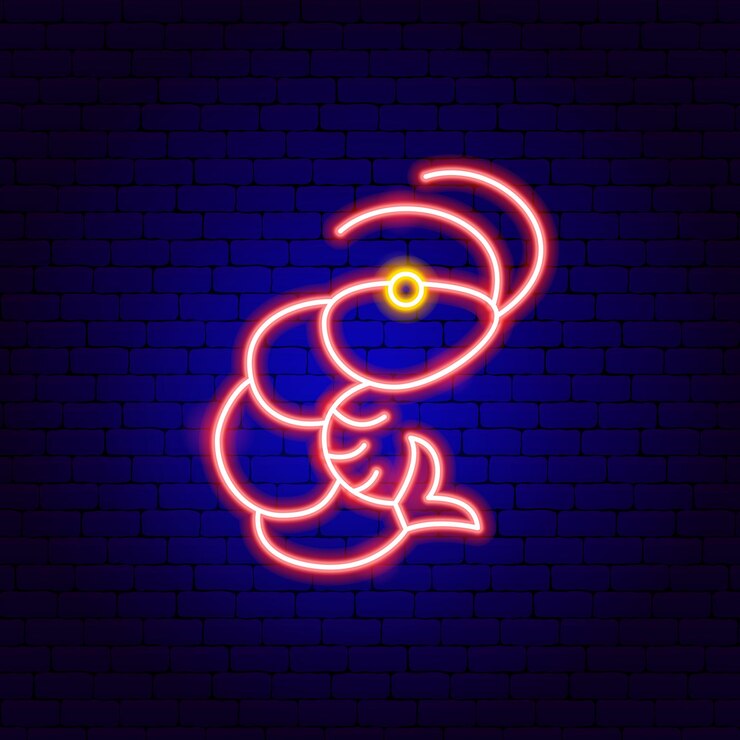 Wektor neonowy znak krewetki. ilustracja wektorowa promocji owoców morza.