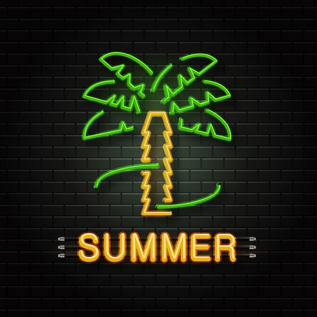 neonowy znak tropikalnej palmy do dekoracji na tle ściany. Realistyczne neonowe logo na lato. Koncepcja szczęśliwych wakacji i wypoczynku.