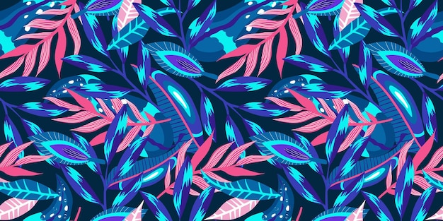 Neonowy zwrotnikowy kwiatowy wzór na ciemnym tle Kwiatowy neon dla jasnego letniego projektu Tropikalna dżungla w abstrakcyjnym stylu na fioletowym tle
