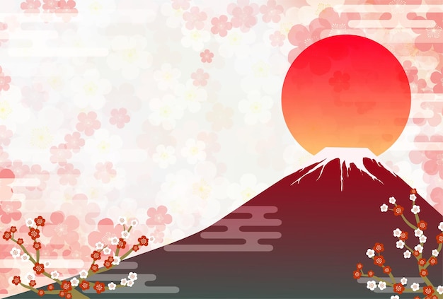 Plik wektorowy new year's card japanesestyle tło śliwkowych kwiatów czerwony fuji i żuraw pierwszy wschód słońca