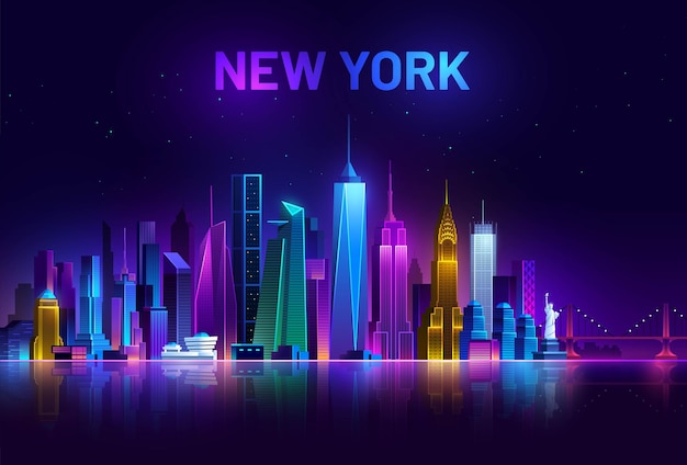 New York Skyline America Noc Miasto Oświetlone Neonami Usa Pejzaż Miejski