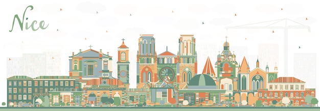Plik wektorowy nicea panoramę miasta we francji z kolorowymi budynkami. ilustracja wektorowa. podróże służbowe i koncepcja z historyczną architekturą. ładny pejzaż z zabytkami.