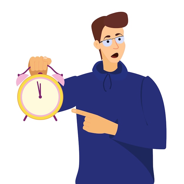 Plik wektorowy nie trać czasu na termin młody człowiek wskazujący godzinę na zegarze sfrustrowany opóźnieniem w terminie