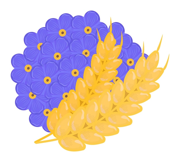 Plik wektorowy nie zapominaj o mnie okrągły bukiet dzikich kwiatów w kolorze niebieskim i żółtym i dwa uszy pszenicy