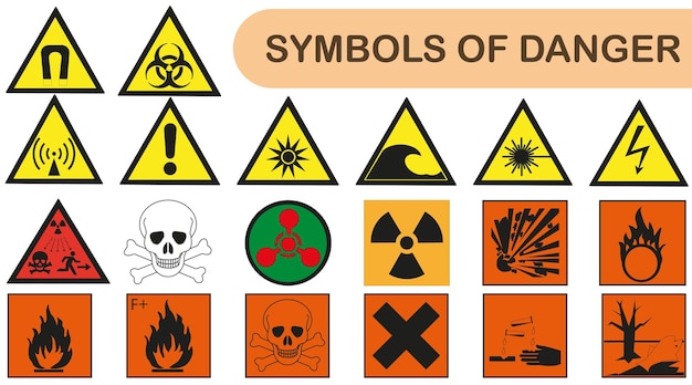 Plik wektorowy niebezpieczeństwa i symbole ostrzegawcze promieniowanie jonizacja zagrożenie biologiczne ostrzeżenia i niebezpieczne