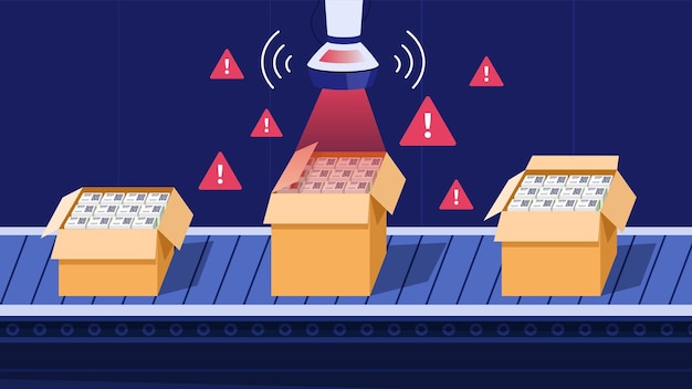 Niebezpieczeństwo Na Koncepcji Przenośnika Błąd W Skanerze Kodów Kreskowych Lub Qr Niewłaściwy Przedmiot Lub Zepsute Towary Kontrola Jakości W Fabryce Lub Manufakturze Przemysłowej Sztuczna Inteligencja I Automatyzacja Ilustracja Kreskówkowa Płaska Wektor