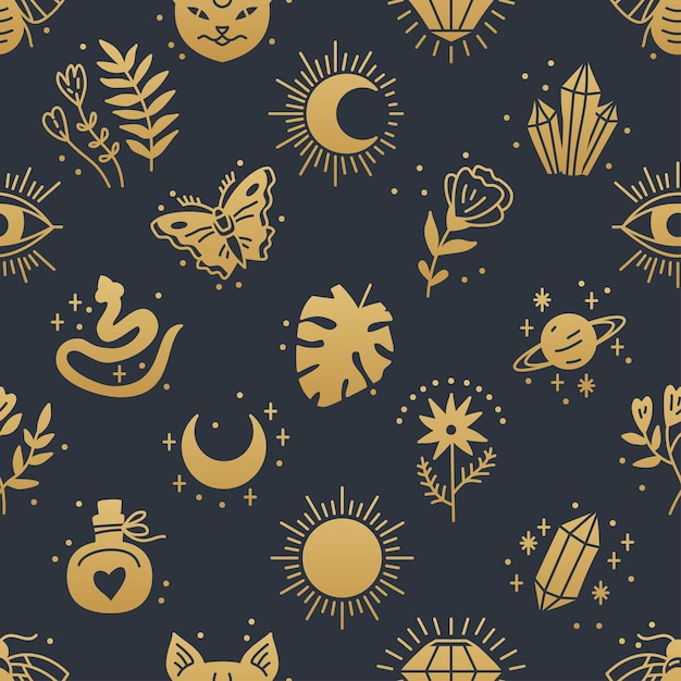 Niebiański bezszwowy wzór z elementami boho księżyc początek mistyczne elementy liści w stylu lineartu