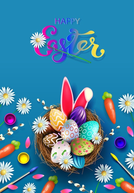 Plik wektorowy niebieska ilustracja z jajkami wielkanocnymi w gnieździe ze słomy, pędzle, farby i kwiaty