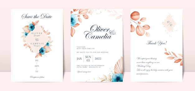 Niebieska Karta Zaproszenie Na ślub Z Akwarelową Dekoracją Kwiatową I Abstrakcyjnym Tłem