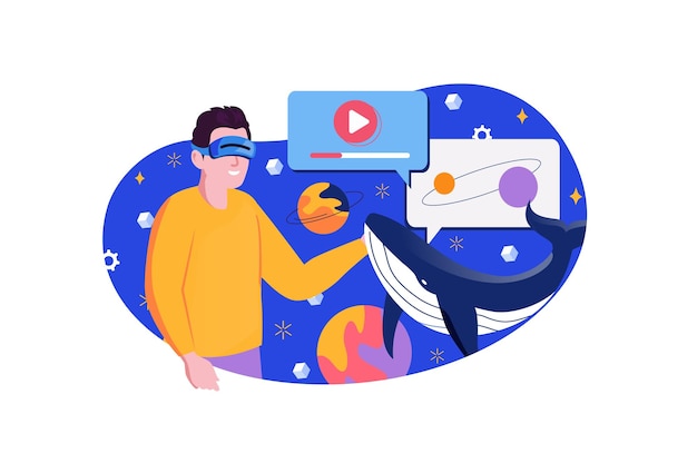 Niebieska koncepcja Metaverse ze sceną ludzi w płaskiej kreskówce komunikuje się mężczyzna
