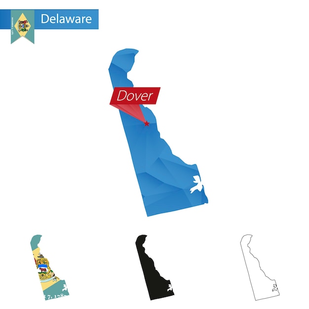 Niebieska Mapa Low Poly Stanu Delaware Ze Stolicą Dover