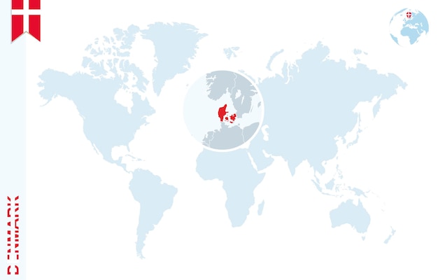 Niebieska mapa świata z lupą na Danii