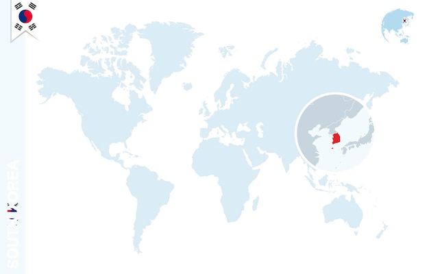 Niebieska Mapa świata Z Lupą Na Korei Południowej