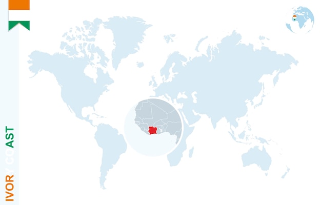 Niebieska Mapa świata Z Lupą Na Wybrzeżu Kości Słoniowej