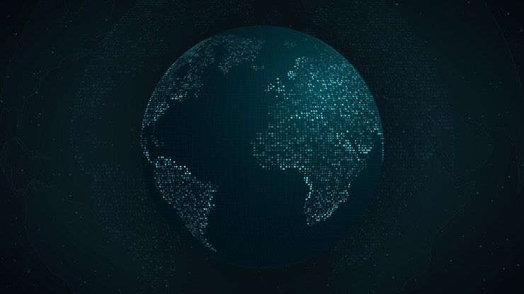 Niebieska mapa ziemi od punktów kwadratowych. Globalne połączenie sieciowe, znaczenie międzynarodowe.