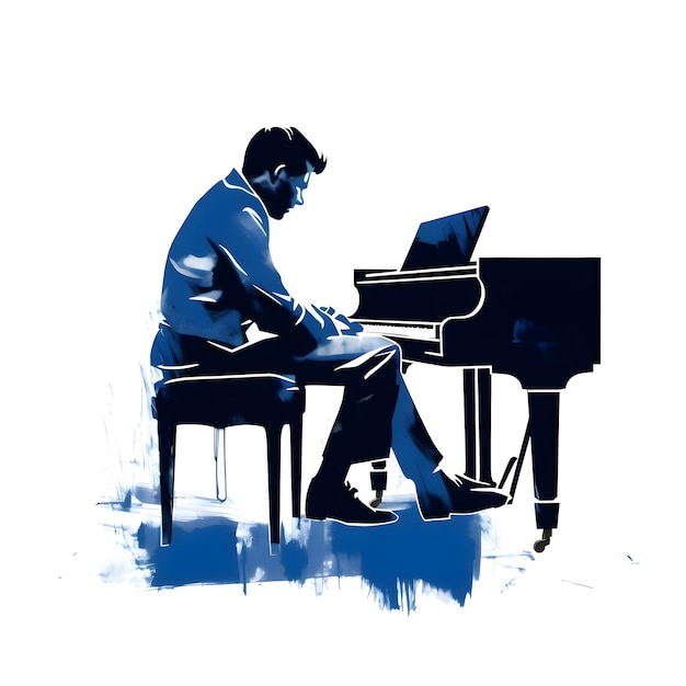 Niebieska sylwetka mężczyzny przy fortepianie na białym tle