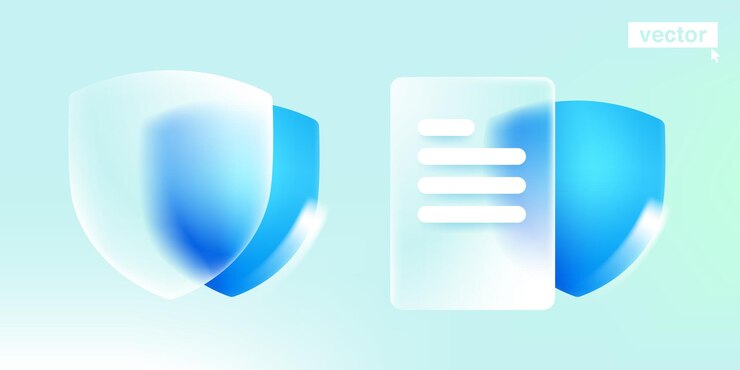 Niebieska tarcza i dokument Ikona ochrony witryny sieci Web w stylu glassmorfizmu z rozmyciem gradientu