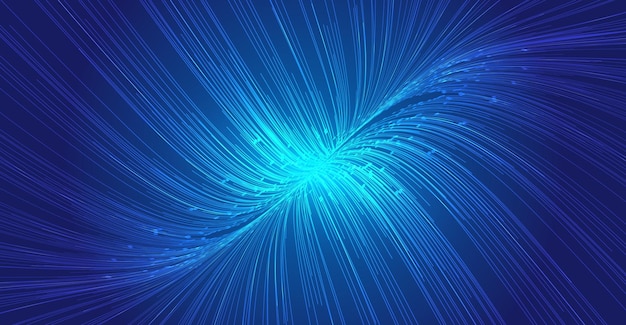 Niebieska zakrzywiona linia kropek rozciąga się, aby zbiegać się z tłem wektora dużych zbiorów danych technologii internetowej