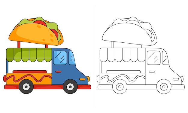 Plik wektorowy niebieski foodtruck taco dla dzieci kolorowanka ilustracja